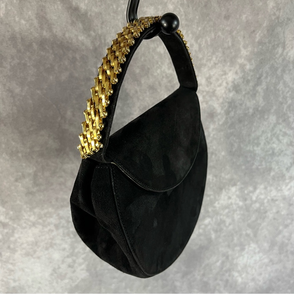 Pam Italian Hand Bag Black Velvet Gold Metal Accent Handle Evening Small Purse - Picture 2 of 11